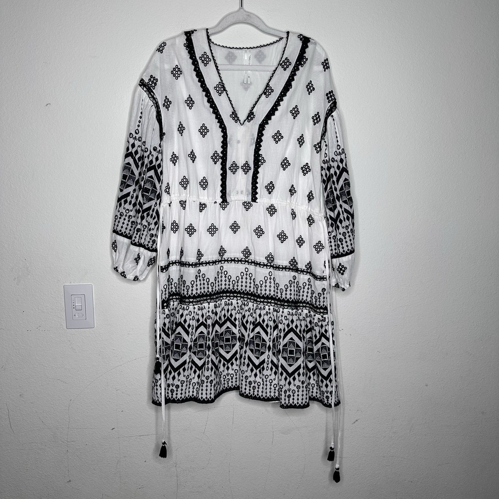 Anthropologie Francine Eyelet Mini Dress White Black Embroidered Tie Medium P